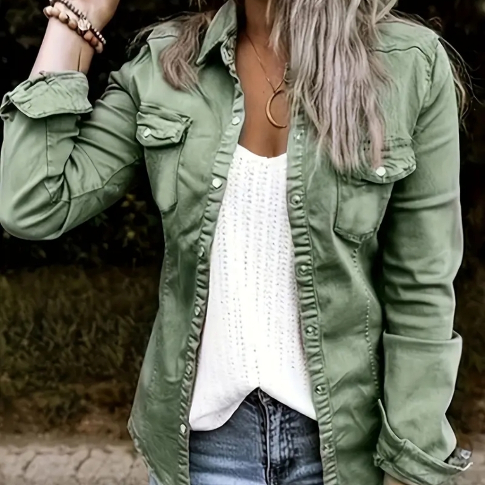 Olive Green Button-up Layering Top Ruched Trim - Picture 7 of 7